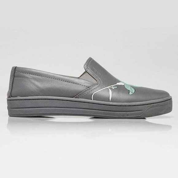Prada Grey Leather Flower Print Slip On Sneakers Size 7/37.5 - Picture 3 of 5